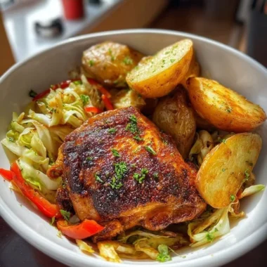 Smoky paprika chicken skillet with potatoes and cabbage on a plate