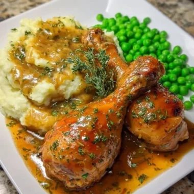 Smothered chicken drumsticks with creamy mashed potatoes and green peas on plate