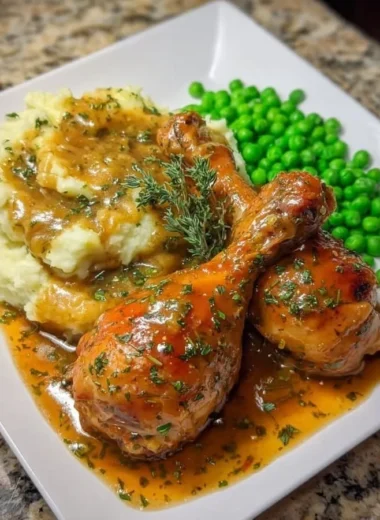 Smothered chicken drumsticks with creamy mashed potatoes and green peas on plate