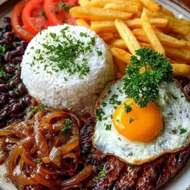 Delicious steak garnished with caramelized onions, served with rice, beans, and fries