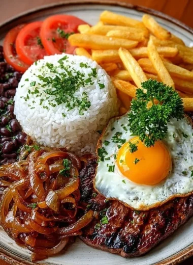 Delicious steak garnished with caramelized onions, served with rice, beans, and fries