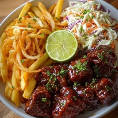 Sticky BBQ beef bites served with fries and creamy coleslaw