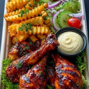 Sticky BBQ chicken drumsticks served with seasoned fries and garden salad