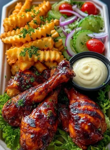 Sticky BBQ chicken drumsticks served with seasoned fries and garden salad