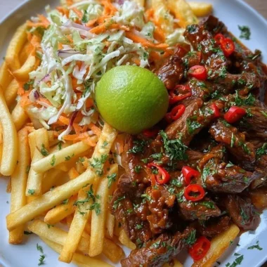 Sticky Chili Beef strips with fries and coleslaw on a plate