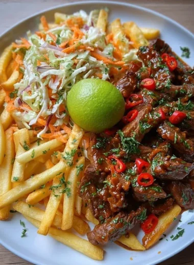 Sticky Chili Beef strips with fries and coleslaw on a plate