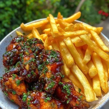 Sticky honey garlic wings served with fries on a plate
