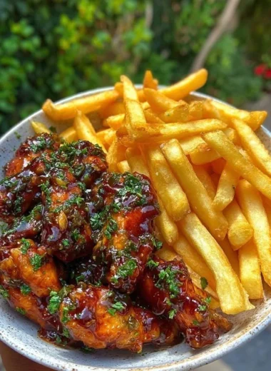 Sticky honey garlic wings served with fries on a plate