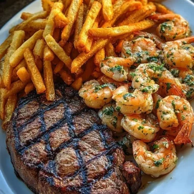 Surf & Turf steak with garlic butter shrimp fries served on a plate.
