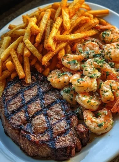 Surf & Turf steak with garlic butter shrimp fries served on a plate.