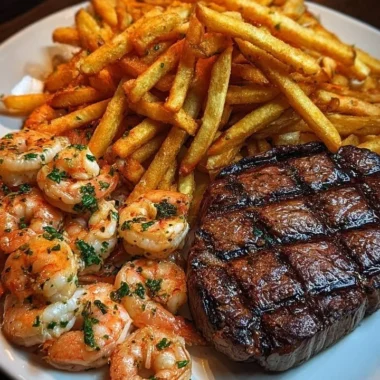 Delicious Surf & Turf Steak with garlic shrimp and seasoned fries on a plate.