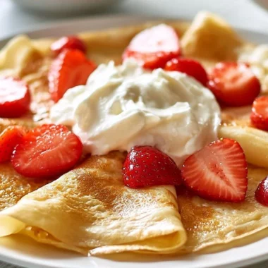 Delicious stack of authentic French crepes with toppings