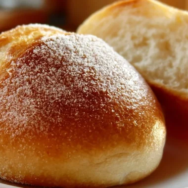Freshly baked Brötchen with a golden crust on a wooden table.