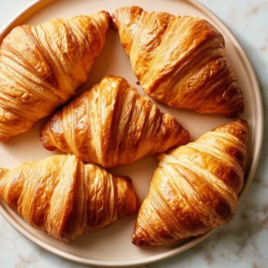 Freshly baked buttery croissant on a wooden table