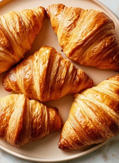 Freshly baked buttery croissant on a wooden table