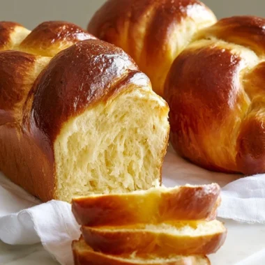 Freshly baked buttery French brioche bread loaf on a wooden table