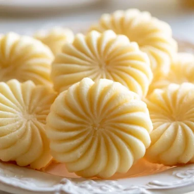Plate of buttery German spritz cookies decorated with colorful sprinkles