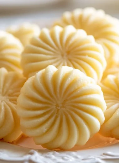 Plate of buttery German spritz cookies decorated with colorful sprinkles