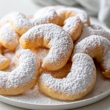 Buttery vanilla crescent cookies on a plate dusted with powdered sugar