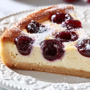A slice of Cherry Clafoutis dessert topped with fresh cherries