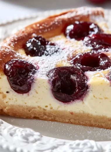 A slice of Cherry Clafoutis dessert topped with fresh cherries