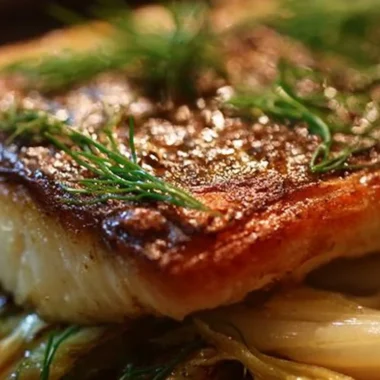 Citrus Sea Bass fillet served with fennel garnish on a white plate