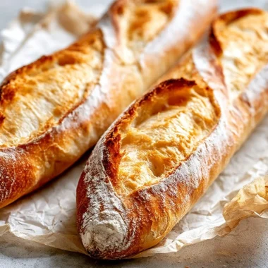 Freshly baked classic French baguette on a wooden cutting board
