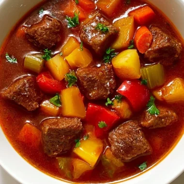 Bowl of Classic German Beef Goulash garnished with fresh parsley