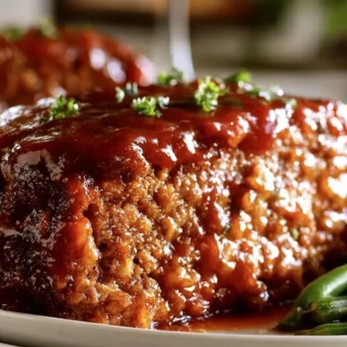Delicious classic homemade meatloaf served with mashed potatoes and green beans.