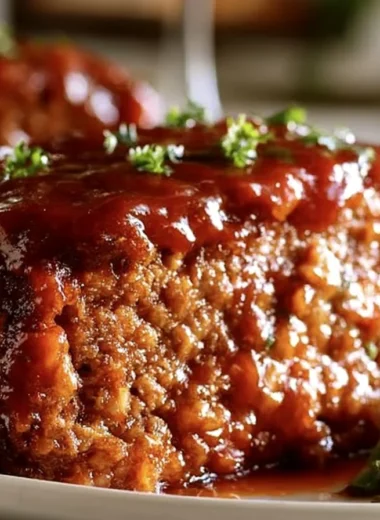 Delicious classic homemade meatloaf served with mashed potatoes and green beans.