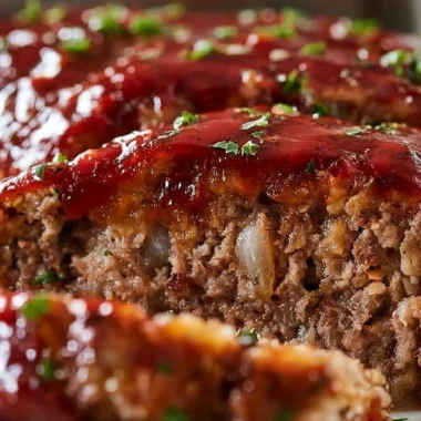 Delicious slice of classic meatloaf served on a plate with vegetables.