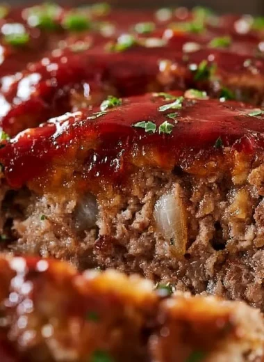 Delicious slice of classic meatloaf served on a plate with vegetables.