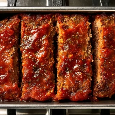 Delicious classic meatloaf served on a plate with a side of vegetables.