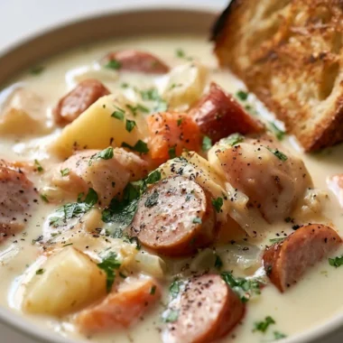 Bowl of cozy German potato soup garnished with herbs