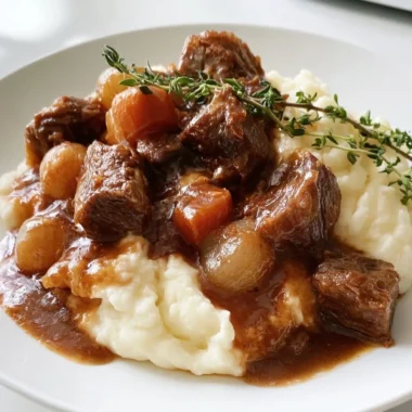 Delicious bowl of Provencal beef daube stew with fresh herbs and vegetables