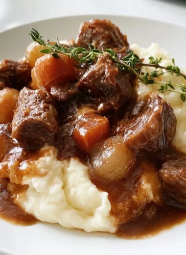 Delicious bowl of Provencal beef daube stew with fresh herbs and vegetables