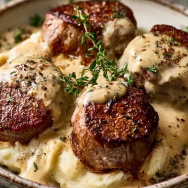 Creamy beef filet served over potatoes, a delicious dinner dish.