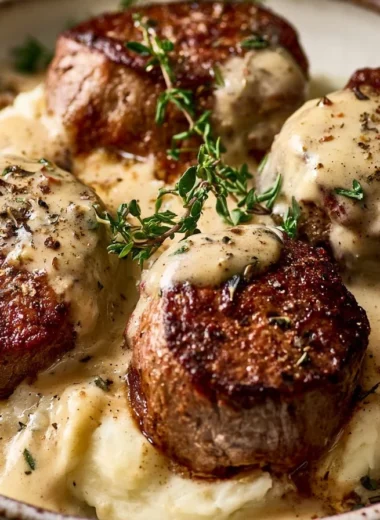 Creamy beef filet served over potatoes, a delicious dinner dish.