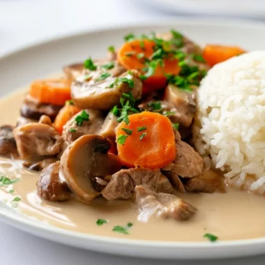 Creamy Blanquette de Veau served in a white bowl with fresh herbs