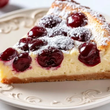 Delicious creamy cherry clafoutis dessert with fresh cherries and rich texture.