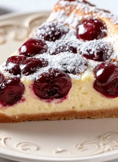 Delicious creamy cherry clafoutis dessert with fresh cherries and rich texture.