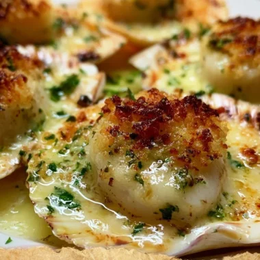 Creamy Coquilles Saint-Jacques dish served in a scallop shell