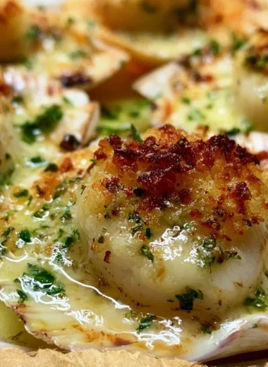 Creamy Coquilles Saint-Jacques dish served in a scallop shell