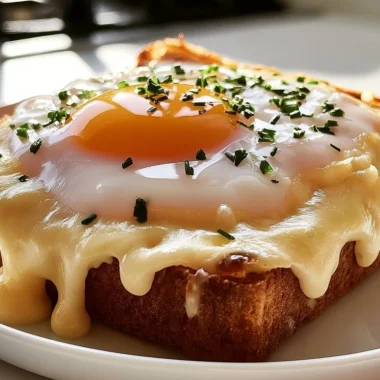 Creamy Croque Madame sandwich with ham and a fried egg on top