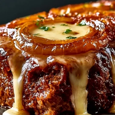 Creamy French onion meatloaf topped with melted cheese and caramelized onions.