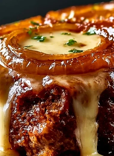 Creamy French onion meatloaf topped with melted cheese and caramelized onions.