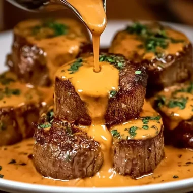 Creamy garlic steak served with savory sauce on a plate