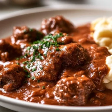 A bowl of creamy German goulash stew with beef and vegetables