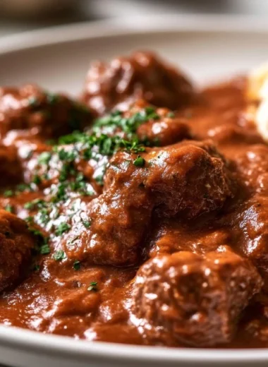 A bowl of creamy German goulash stew with beef and vegetables
