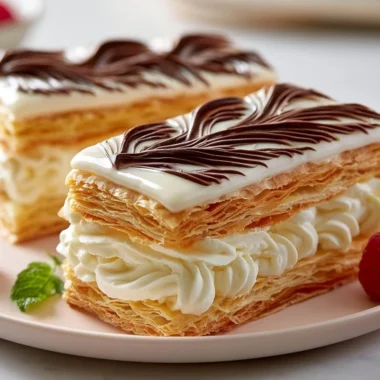 Creamy mille-feuille Napoleon pastry with layers of flaky dough and rich cream.